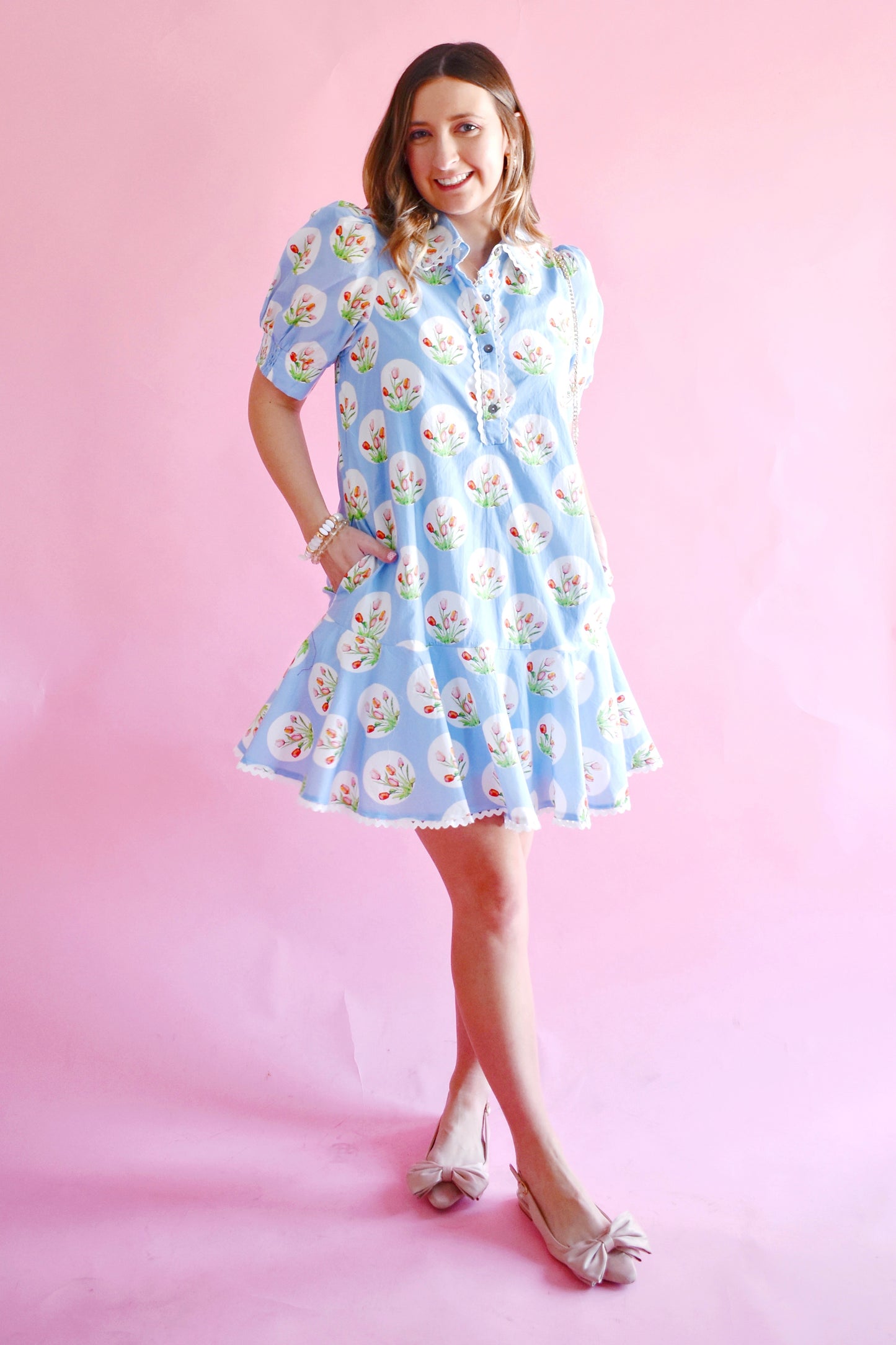 Blue Tulip Print Collared Drop Waist Dress