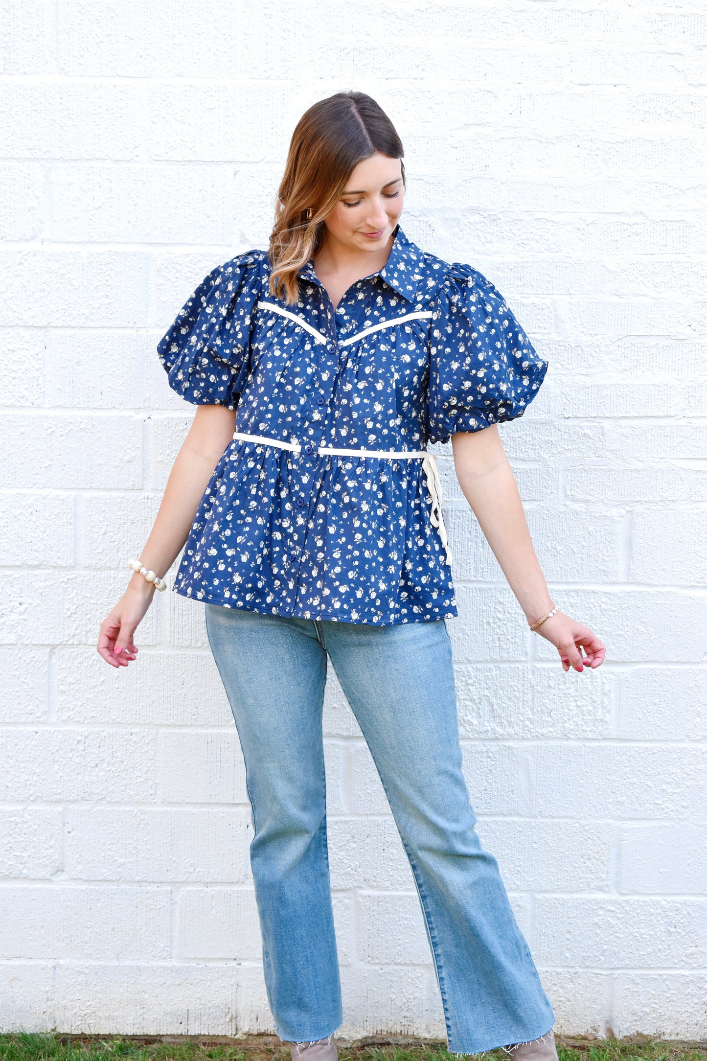 Navy Ditsy Floral Bubble Sleeve Blouse