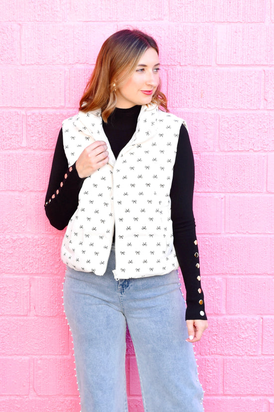 Cream Black Bow Puffer Vest