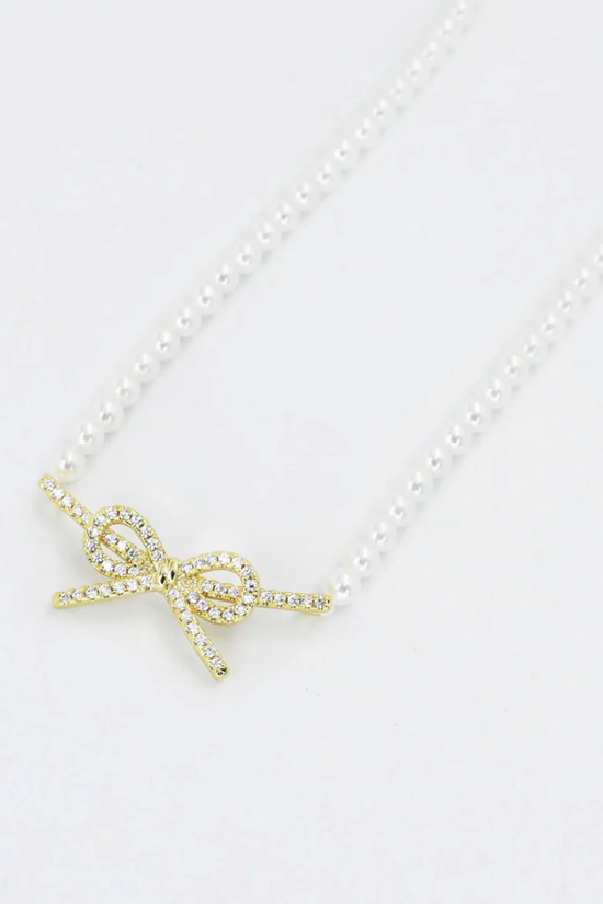 Pearl Elegance Gold Bow Necklace