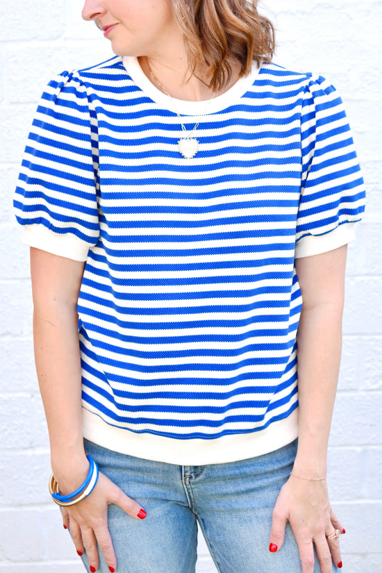 Royal Blue Striped Puff Sleeve Top