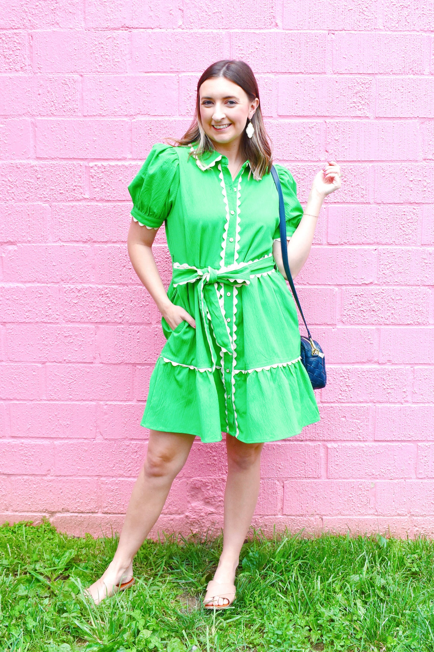 Kelly Green Ric Rac Tie Waist Dress
