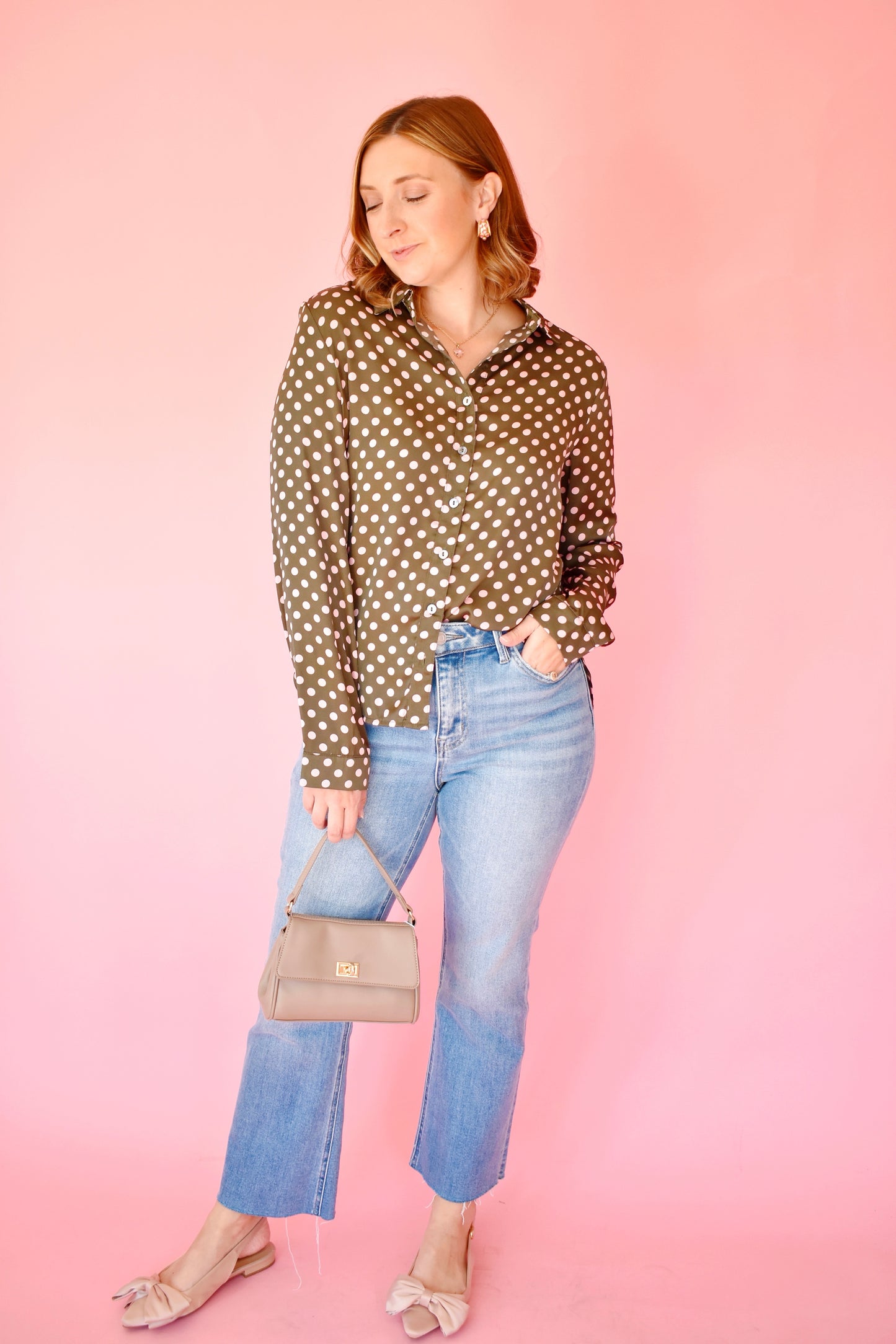 Olive Pink Polka Dot Button Down Blouse