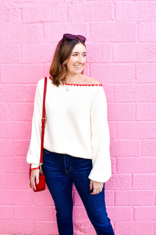 Ivory Red Blanket Stitch Boat Neck Sweater