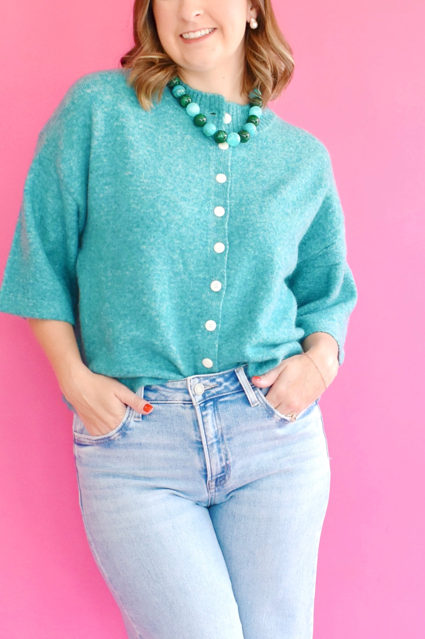 Teal Green Button Down Short Sleeve Cardigan