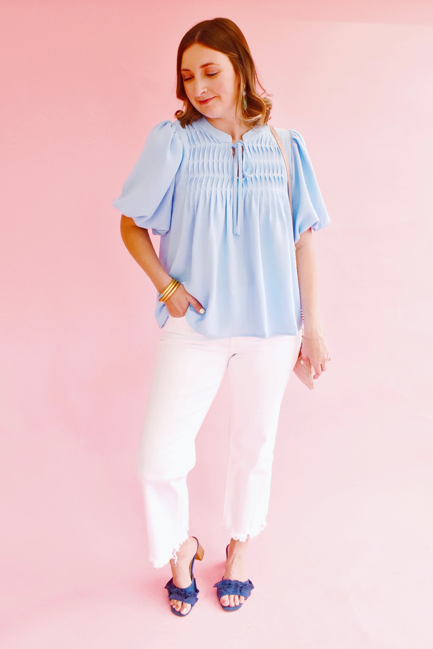 Light Blue Pintuck Detail Tie Neck Blouse