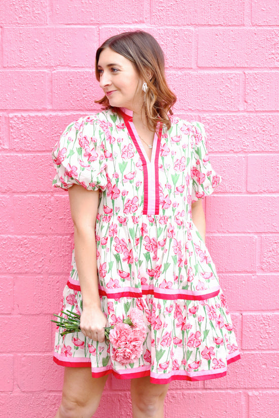 Pink & Red Trim Floral Puff Sleeve Dress