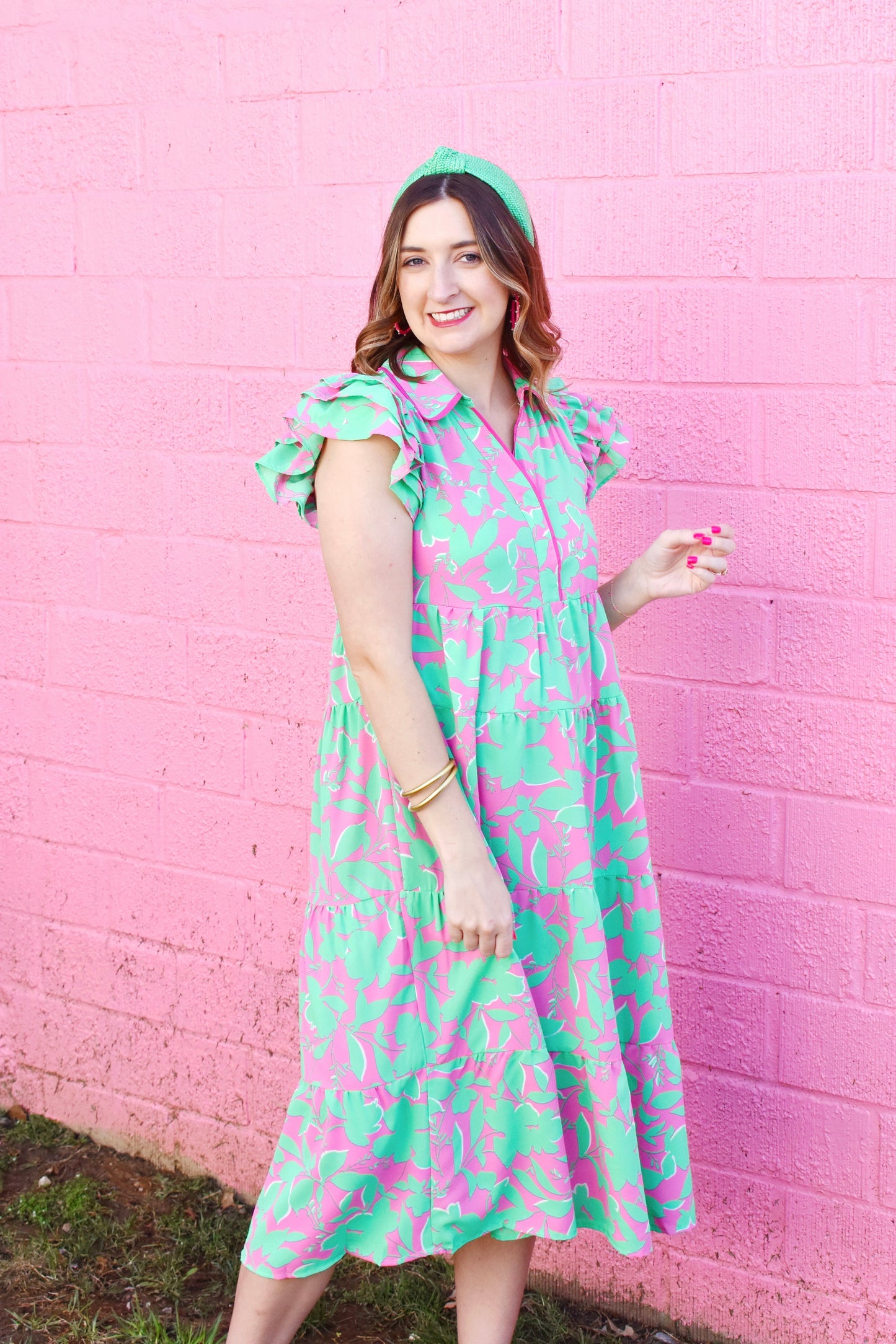 green pink midi dress GREEN & PINK FLORAL STRIPE MIDI DRESS L