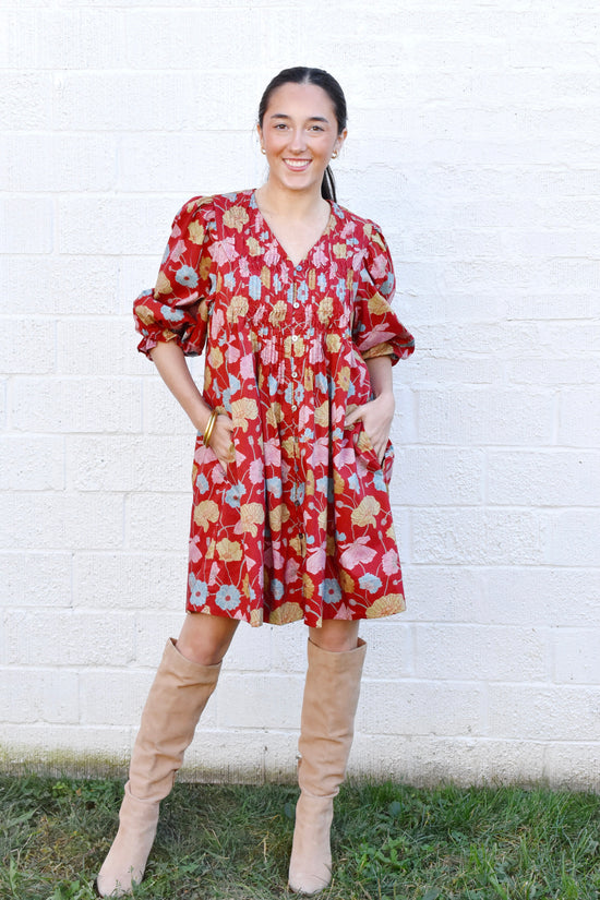 Brick Multi Fall Floral Mini Dress