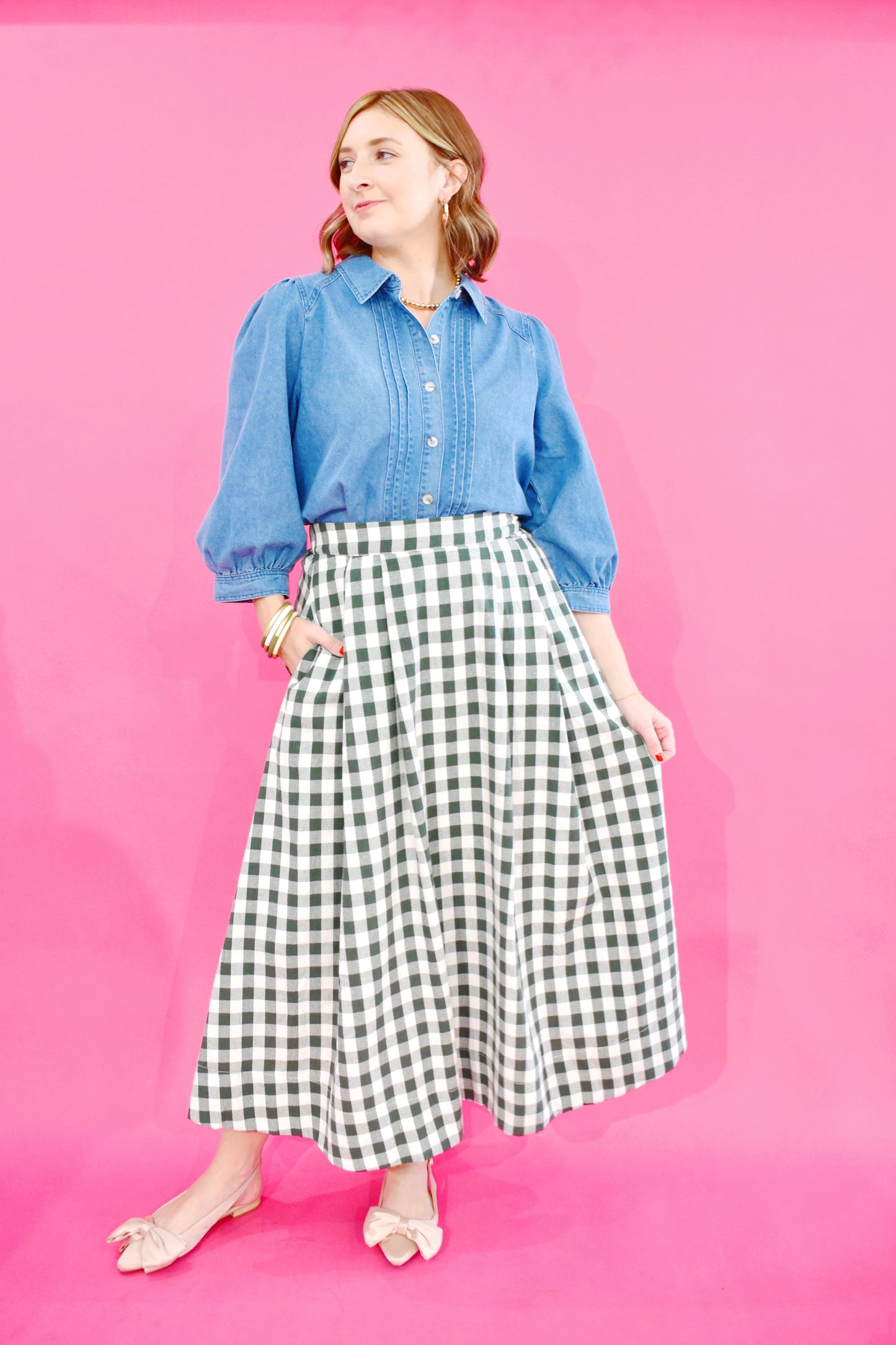 Green Gingham Midi Skirt
