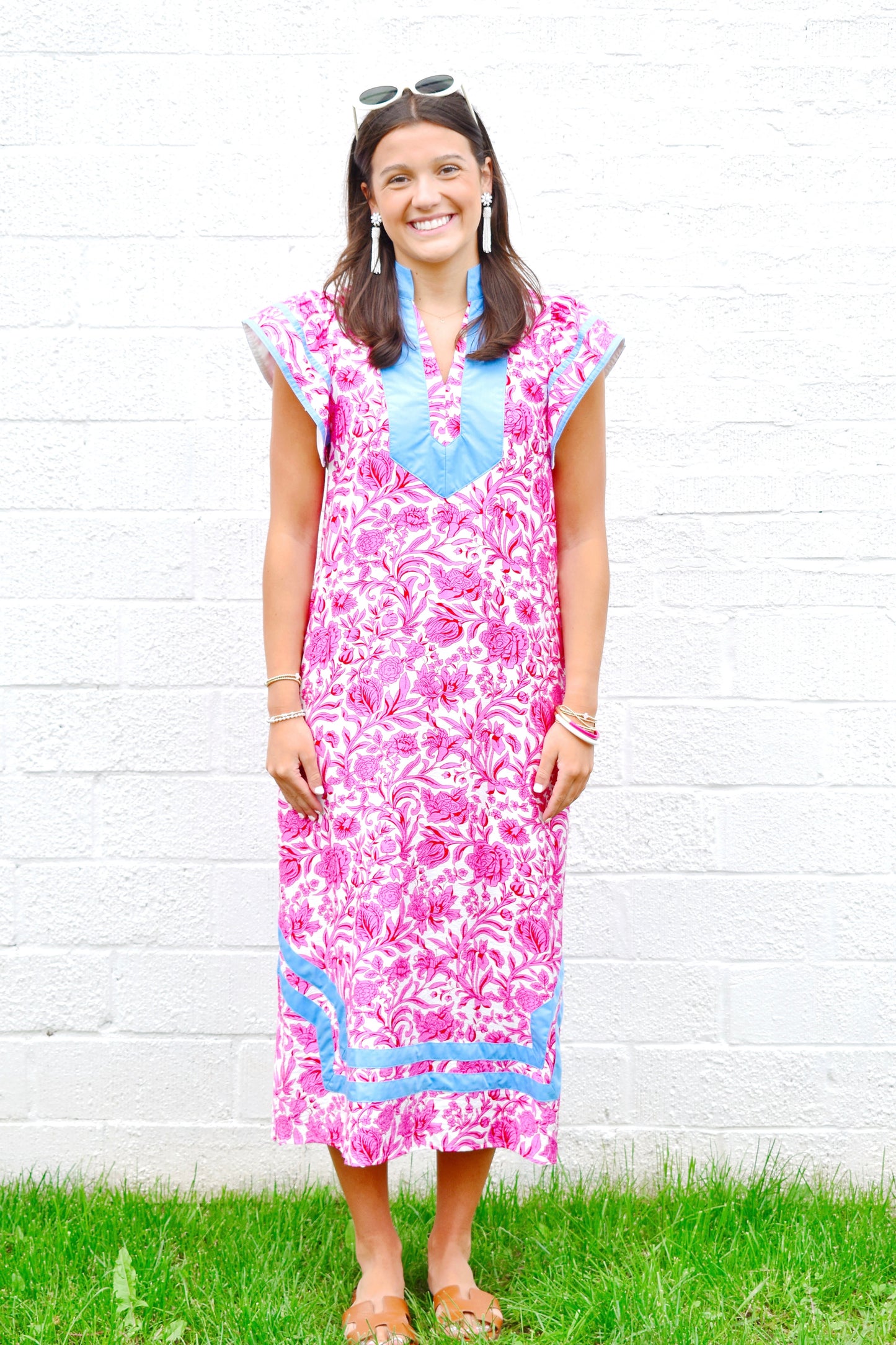Palm Beach Pink Floral Blue Contrast Midi Dress Confetti Boutique Palm Beach Pink Floral Blue Contrast Midi Dress Confetti Boutique