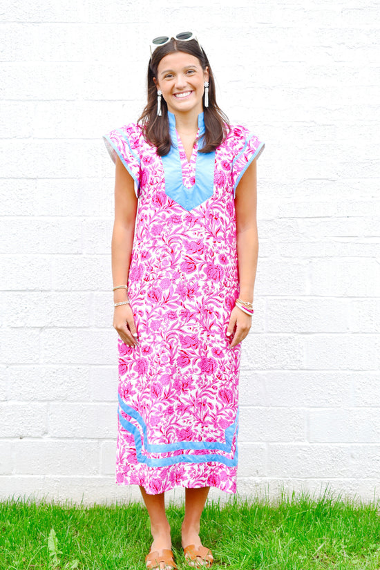 Palm Beach Pink Floral Blue Contrast Midi Dress Confetti Boutique Palm Beach Pink Floral Blue Contrast Midi Dress Confetti Boutique