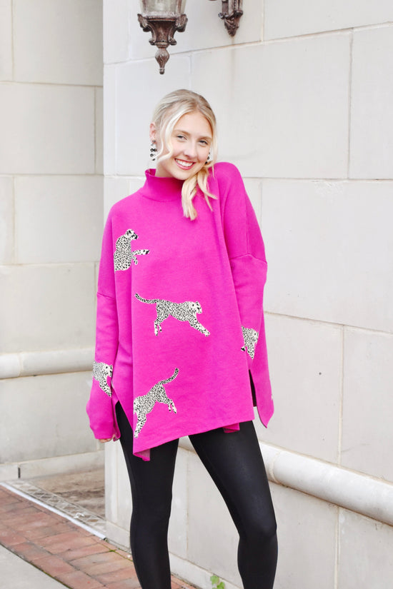 Load image into Gallery viewer, Hot Pink Cheetah Mock Neck Sweater
