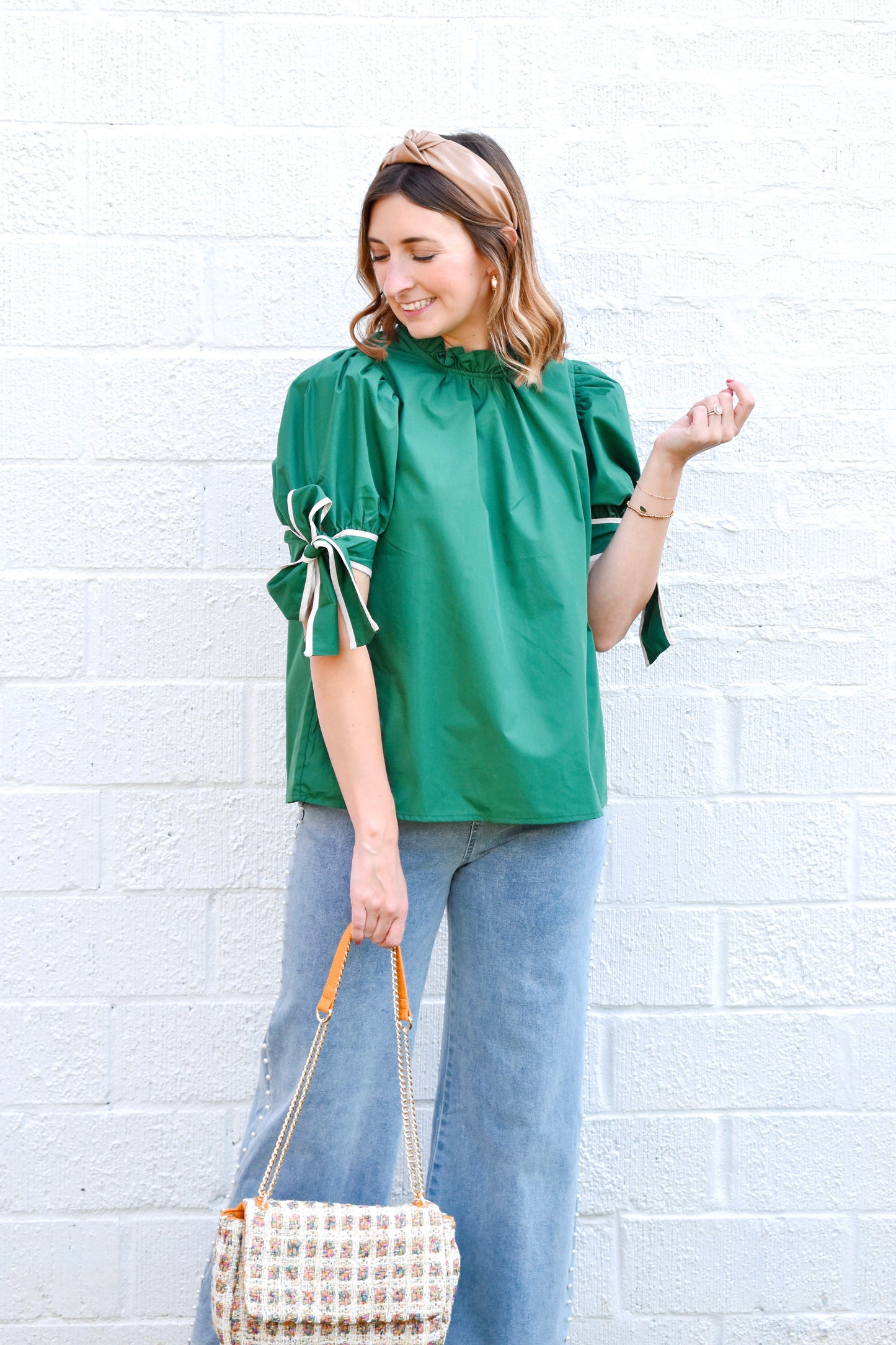 Hunter Green Tie Sleeve Blouse