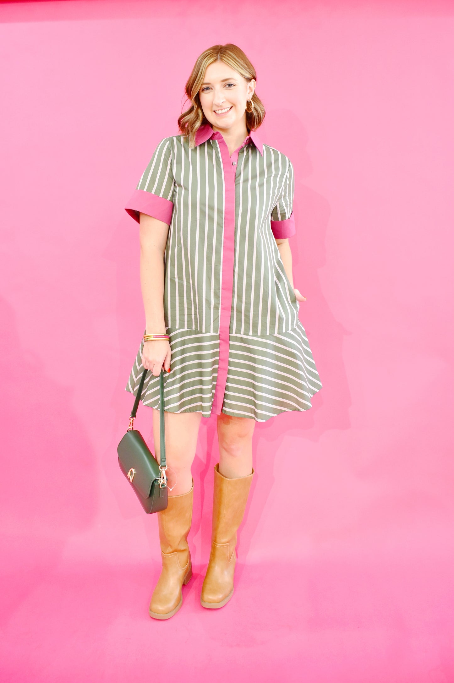 Army Stripe Pink Contrast Drop Waist Dress