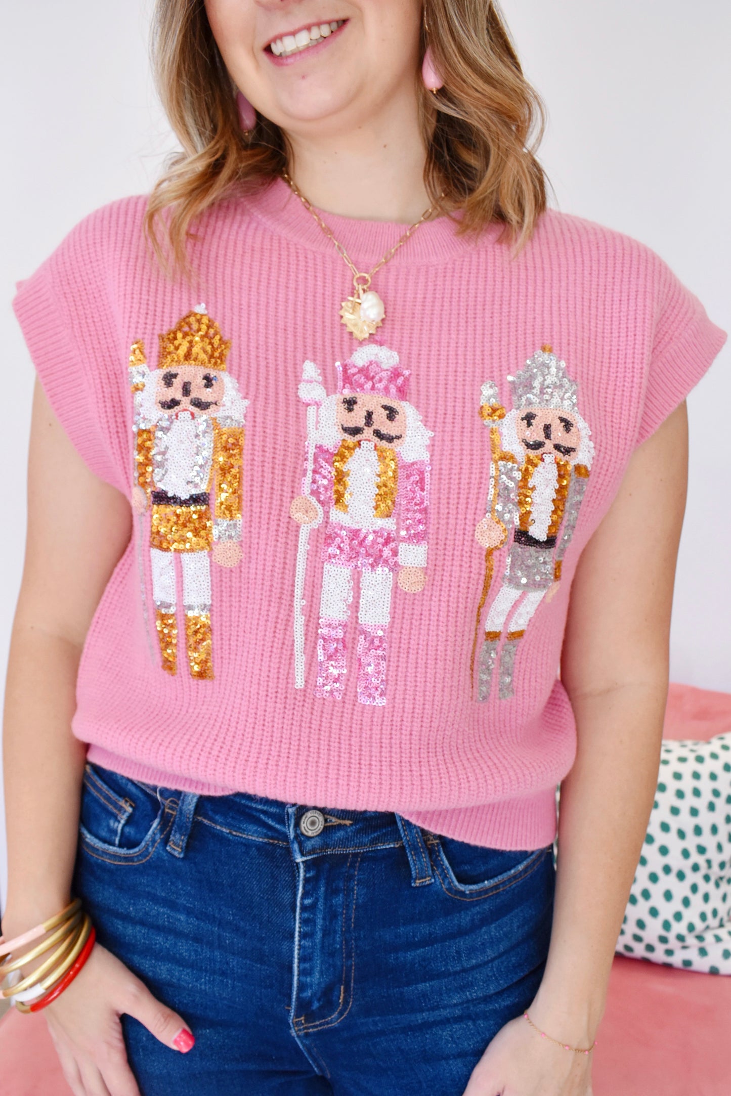 Pink Sequin Nutcracker Sweater Top