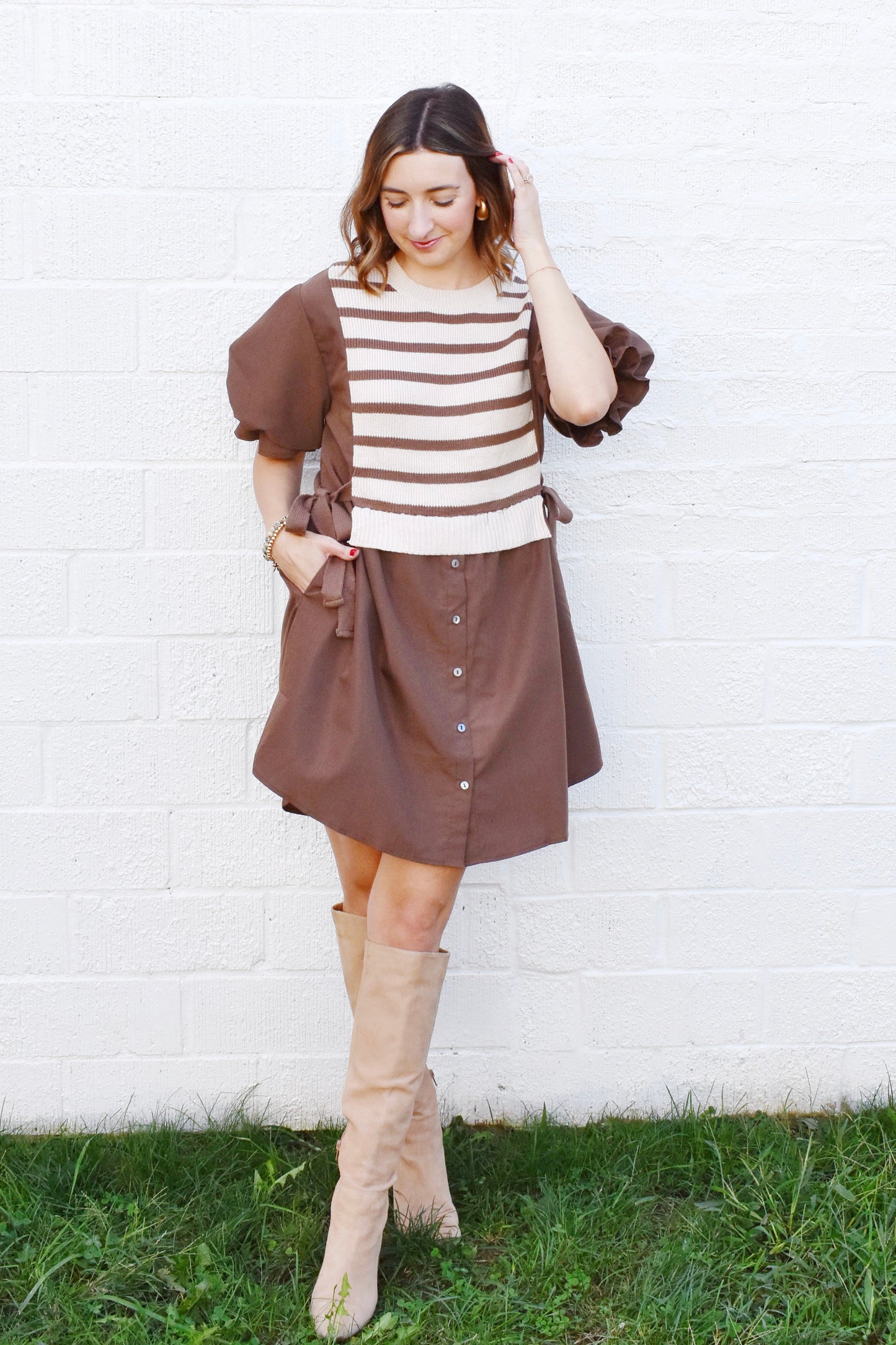 Brown Layered Puff Sleeve Dress