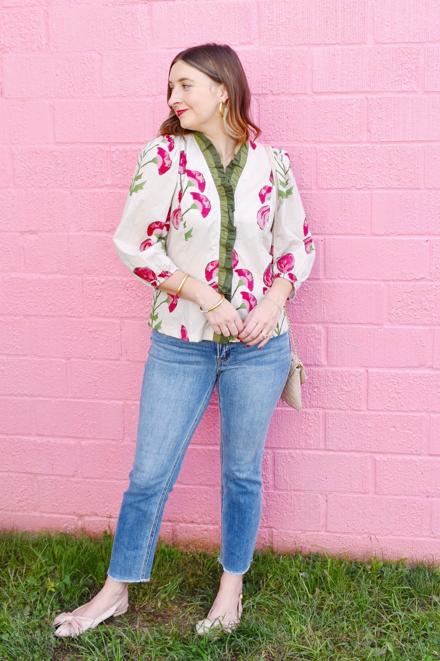 Botanical Pink & Green Ruffle Detail Blouse