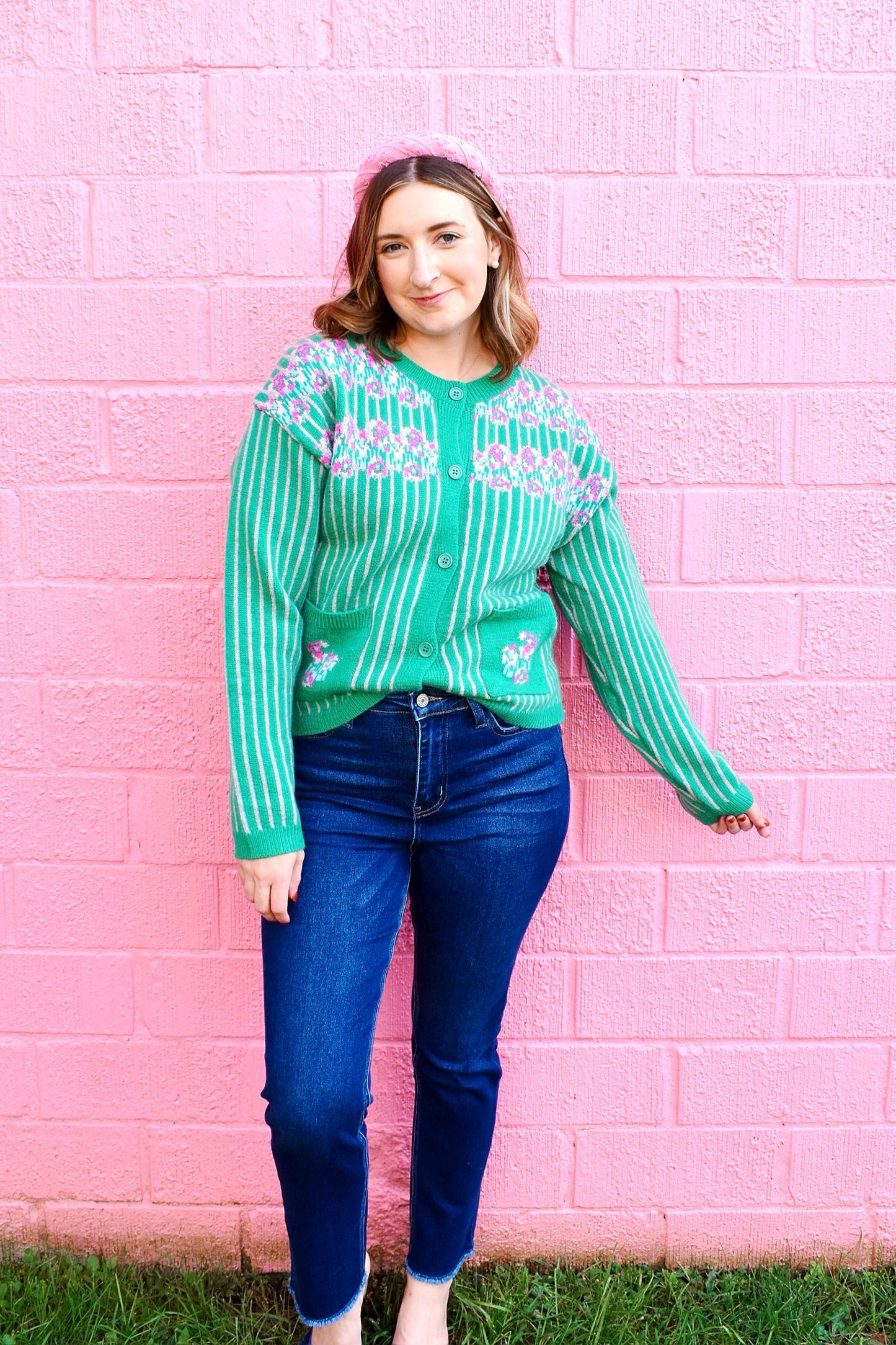 Green Striped Pink Floral Cardigan Sweater