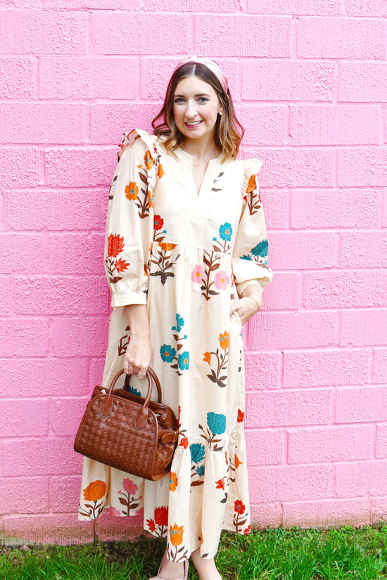 Fall Multi Floral Ruffle Detail Midi Dress
