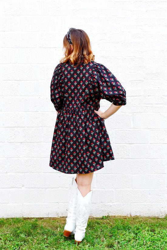 Black Red Floral Collared Dress