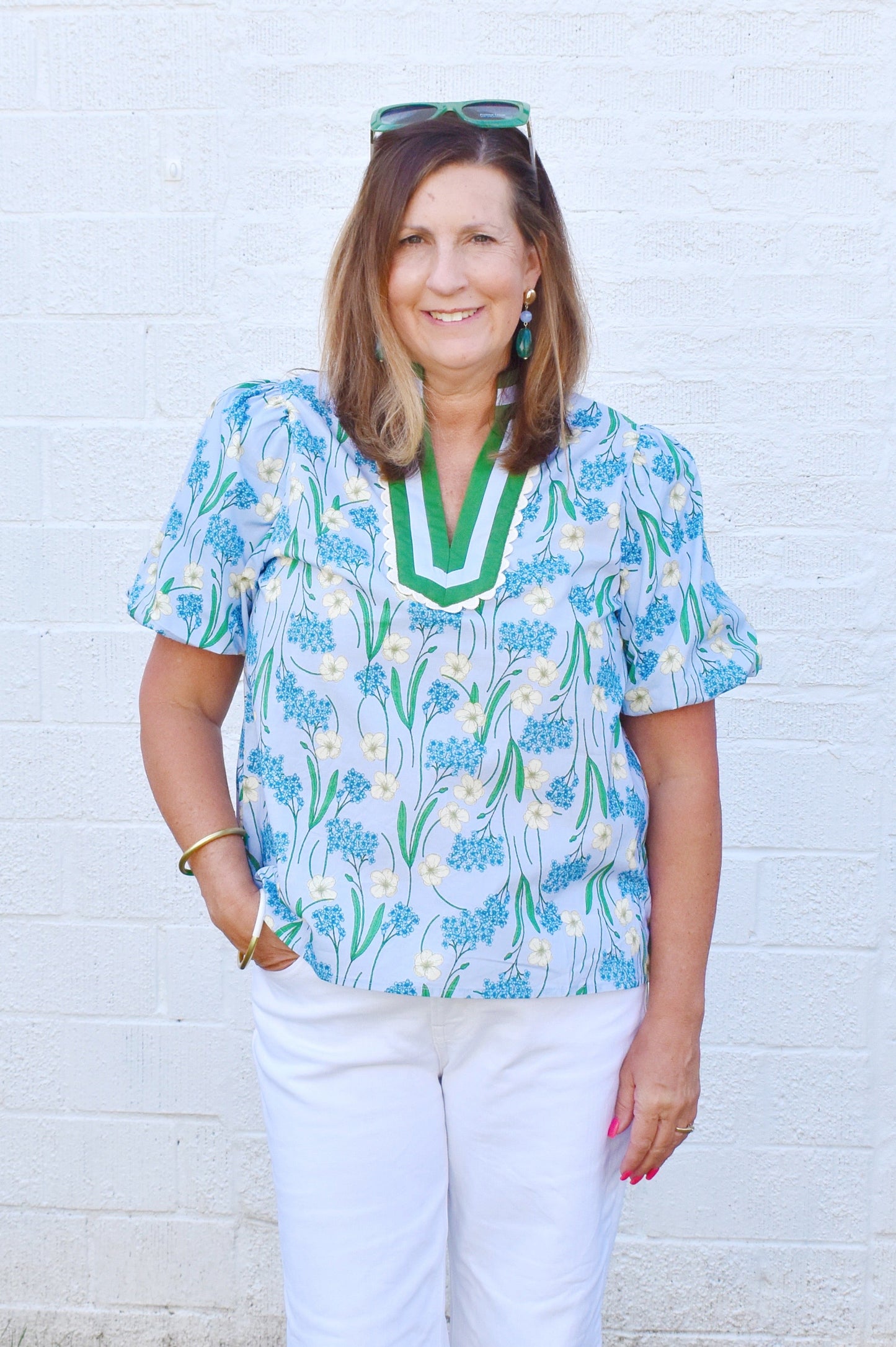 Blue Green Scallop Detail Floral Blouse