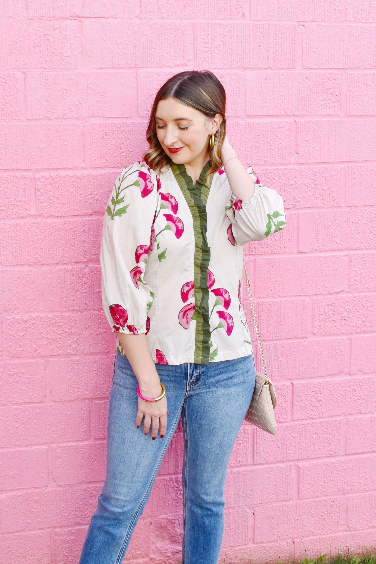 Botanical Pink & Green Ruffle Detail Blouse