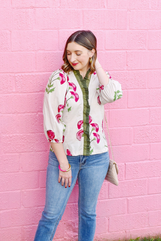 Botanical Pink & Green Ruffle Detail Blouse