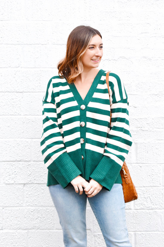 Hunter Green Striped Cardigan Sweater