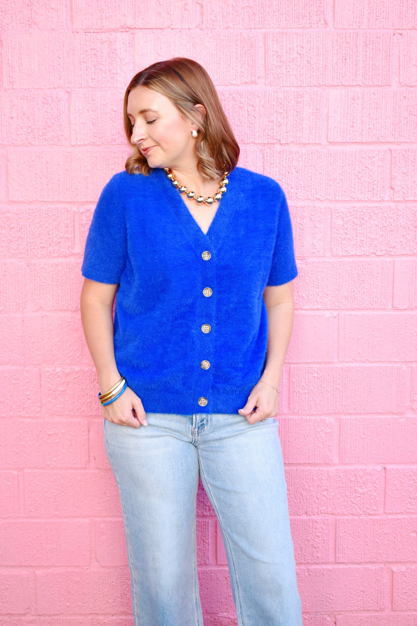 Royal Blue Button Down Short Sleeve Cardigan