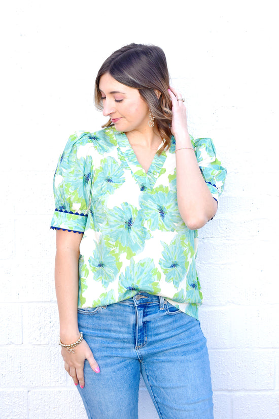 Mint Floral Navy Scallop Trim Blouse