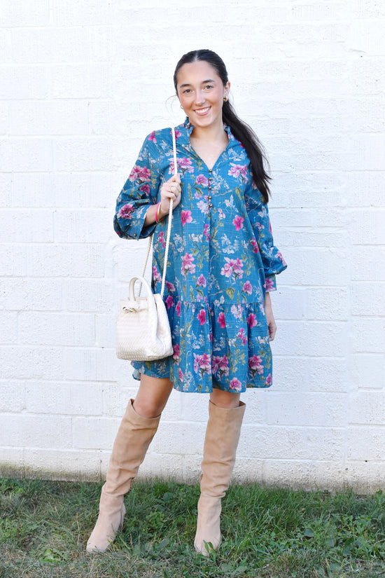 Teal Floral Drop Waist Dress