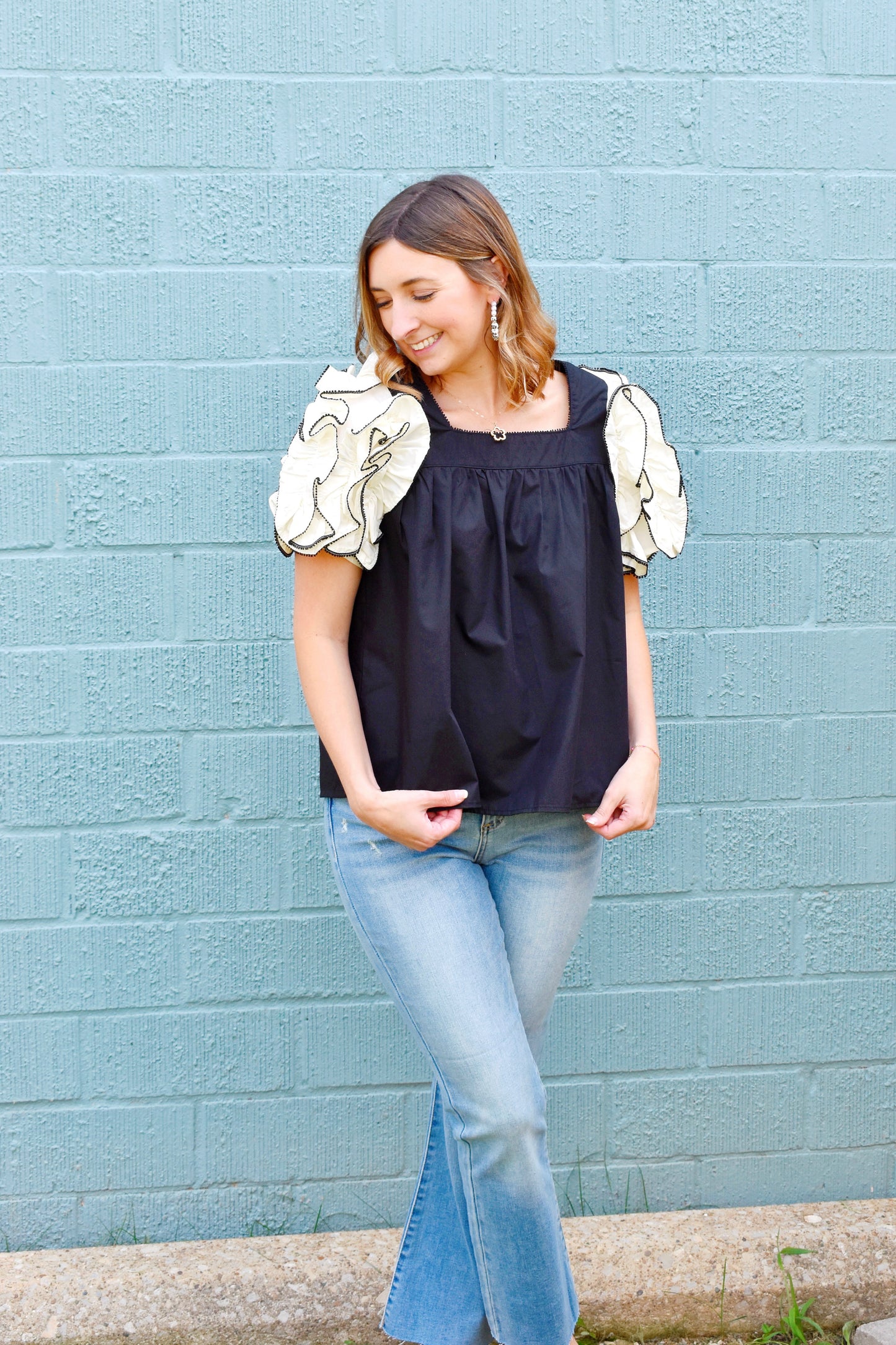 Little Bit Dramatic Black Ruffle Sleeve Blouse