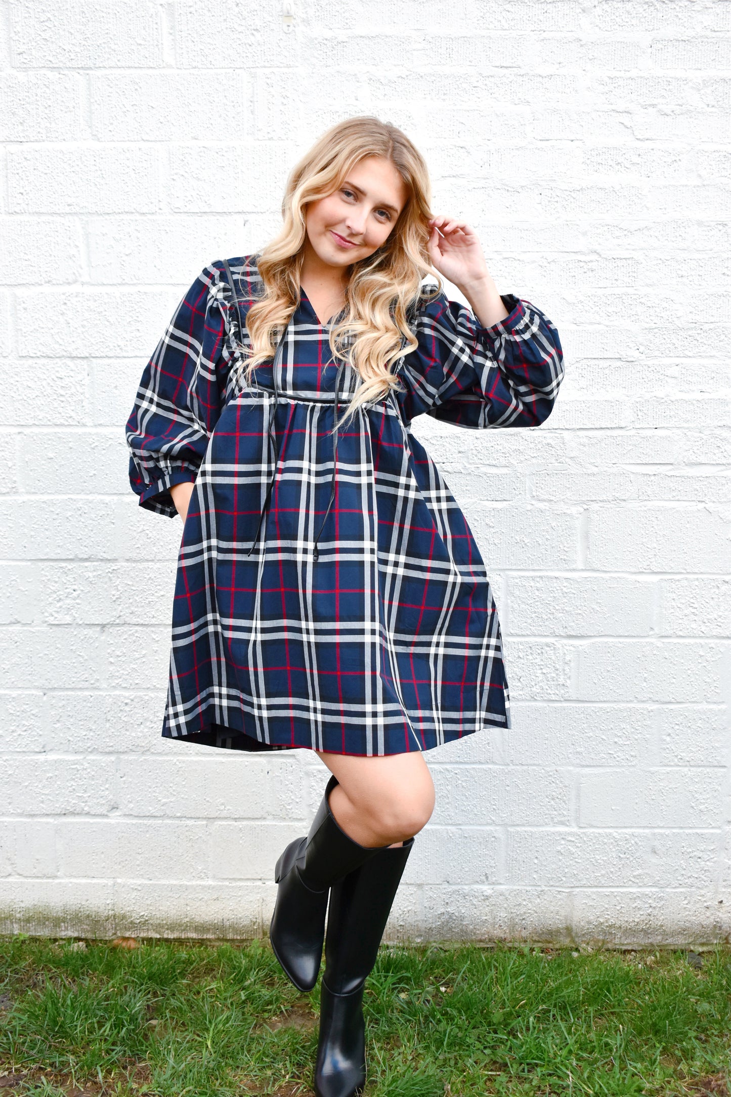 Navy Plaid Babydoll Dress