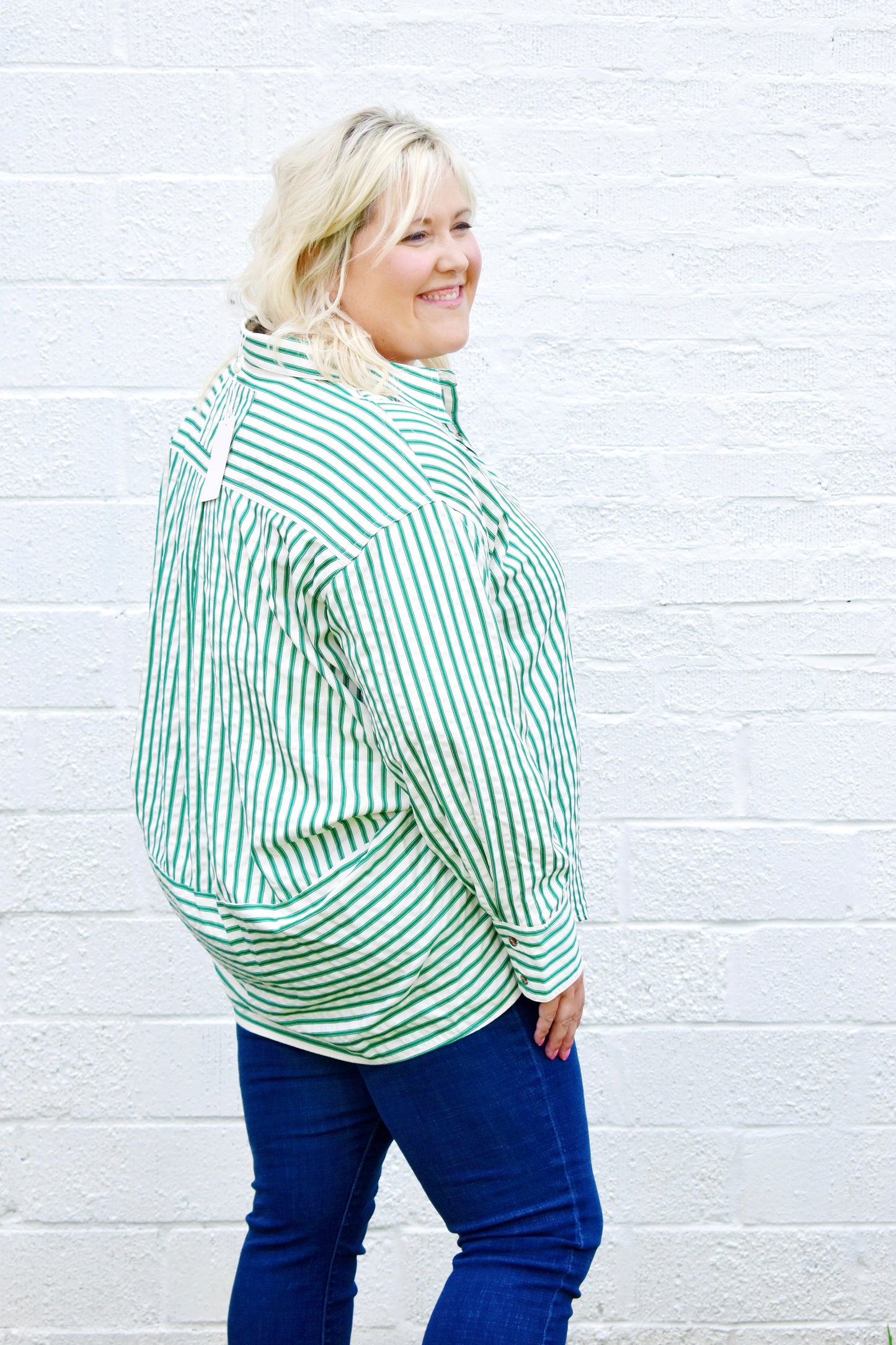 Plus Green Stripe Button Down Top