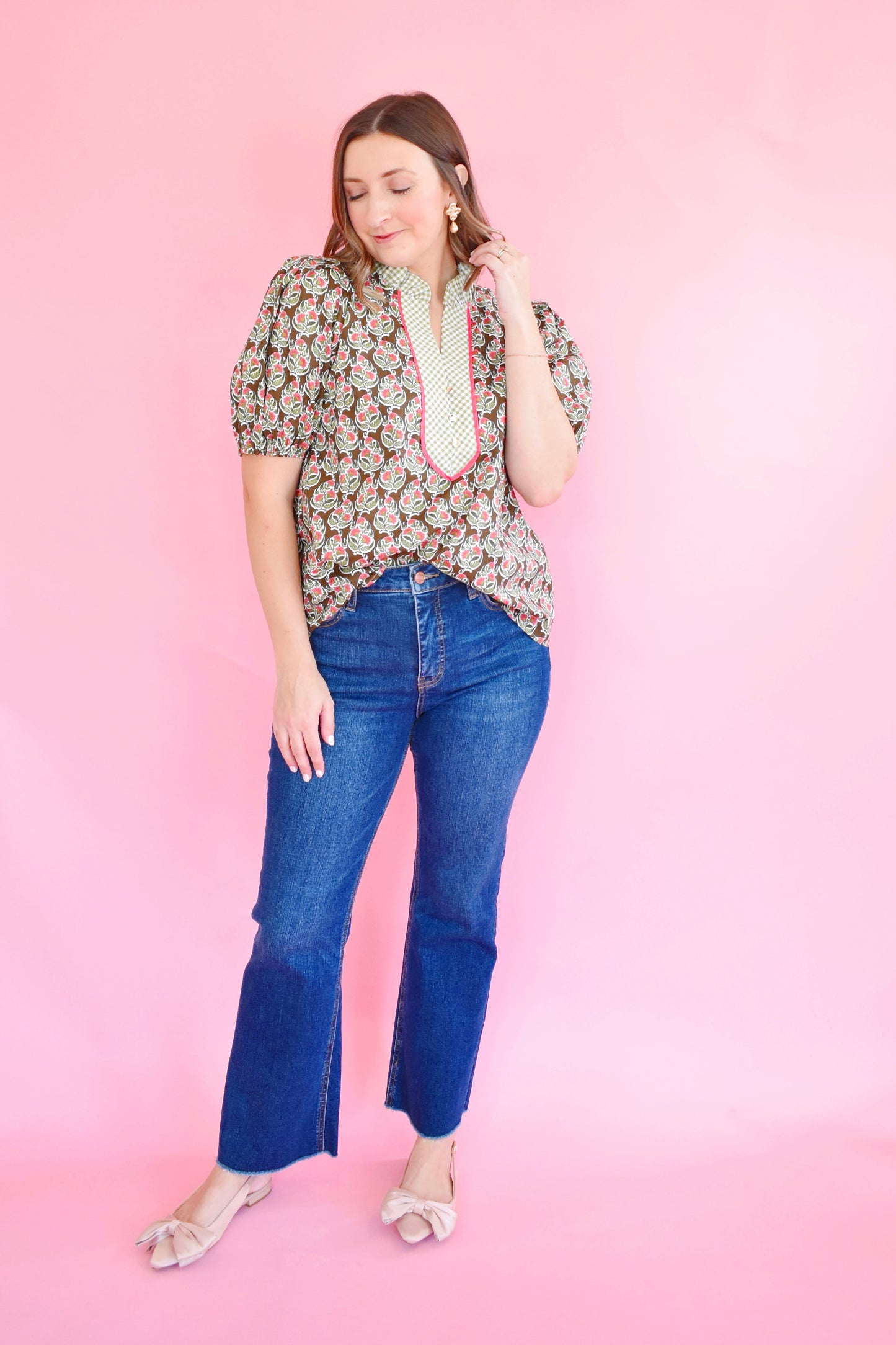 Brown & Pink Floral Green Gingham Contrast Blouse