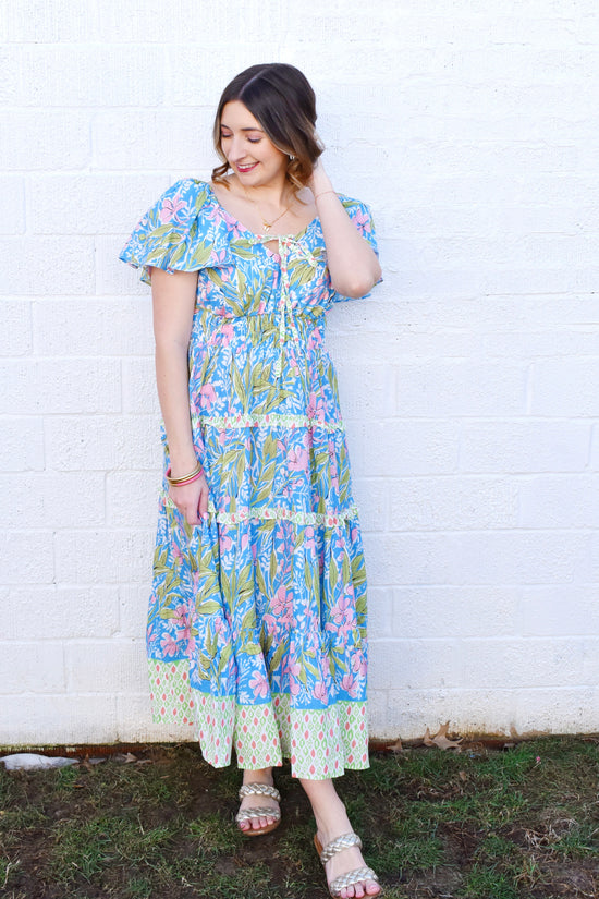 Blue Floral Mixed Print Sweetheart Maxi Dress