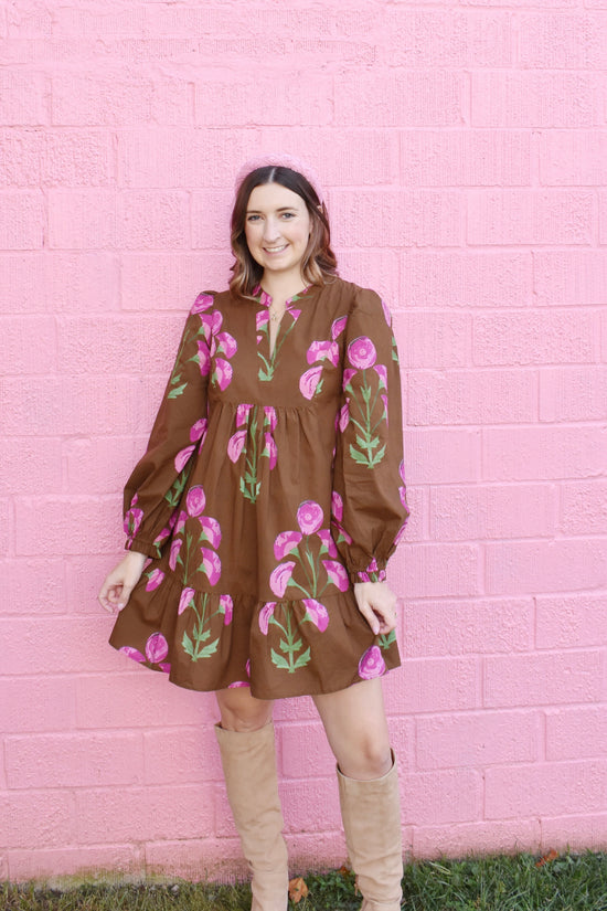 Chocolate & Pink Floral Babydoll Dress