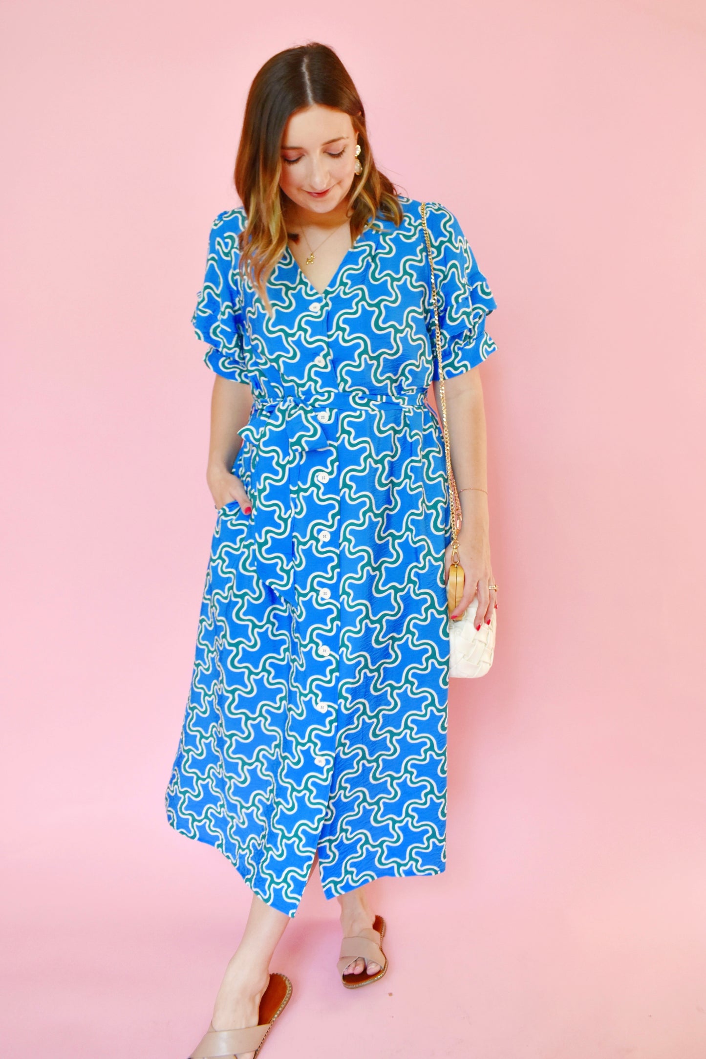 Blue & Green Geometric Printed Button Down Tie Waist Midi Dress