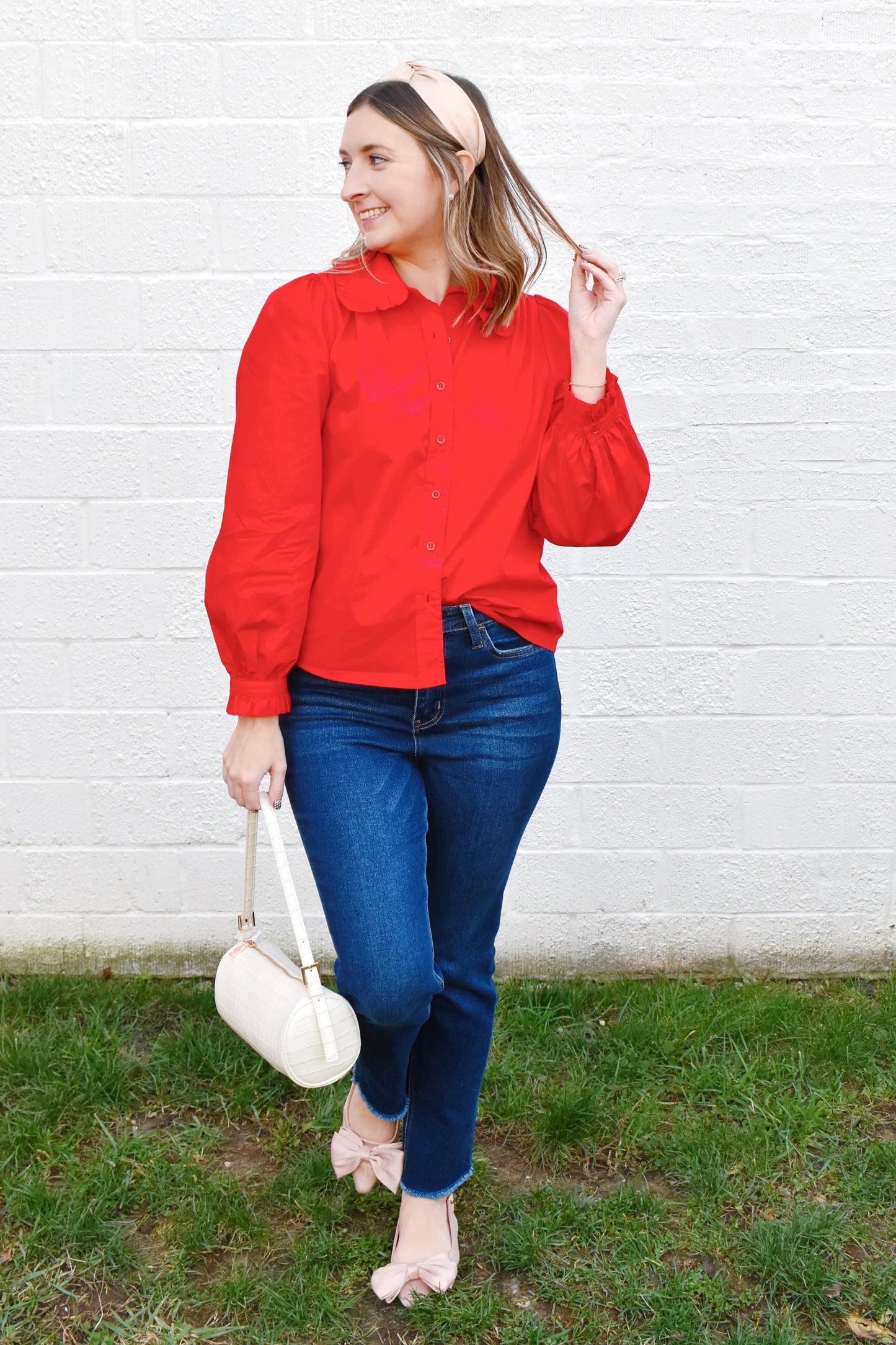 Red Ruffle Collared Button Down
