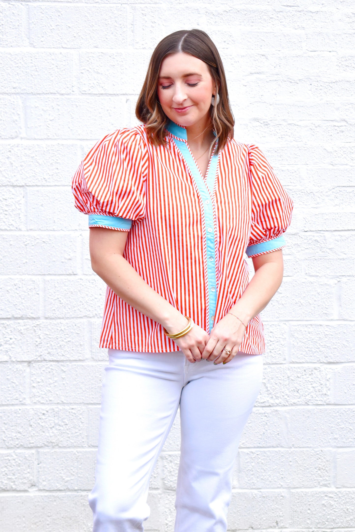 Orange Stripe & Blue Contrast Button Top