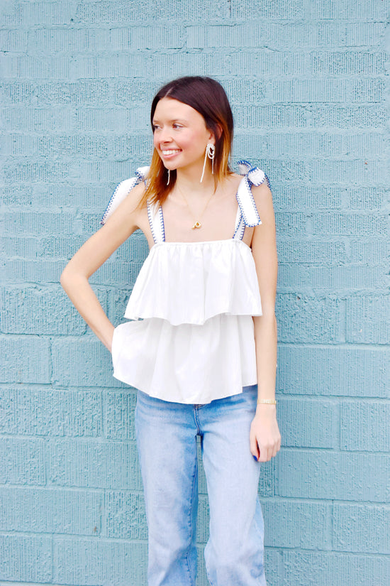 White & Royal Tiered Ruffle Top