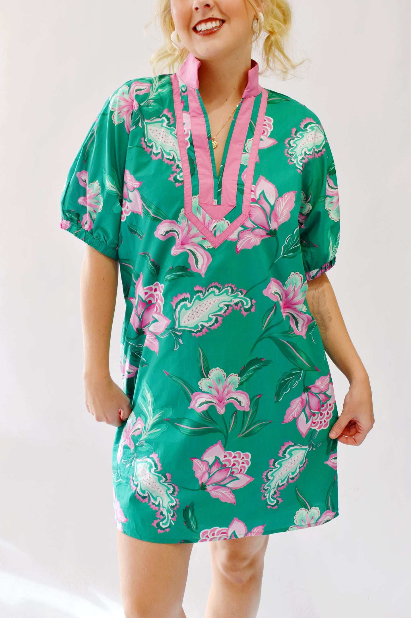 Green Pink Contrast Floral Mini Dress