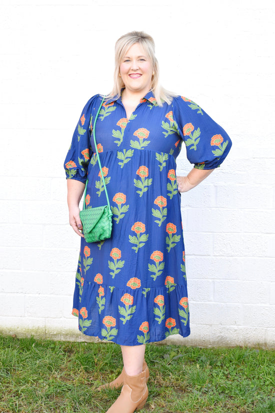 Plus Navy Orange Flower Stem Midi Dress