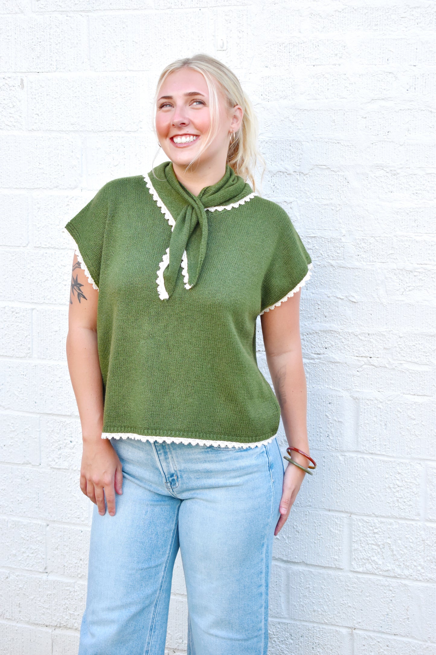 Olive Scarf Neck Short Sleeve Sweater