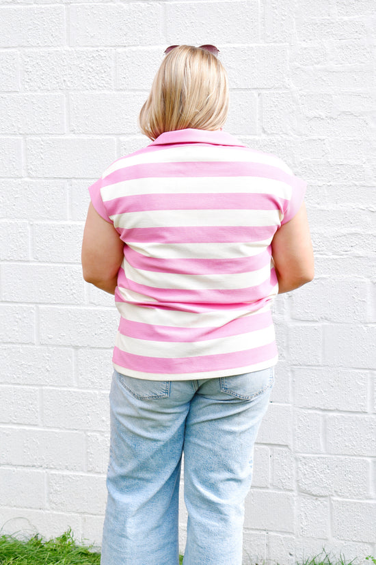 Pink Striped Textured Collar Top