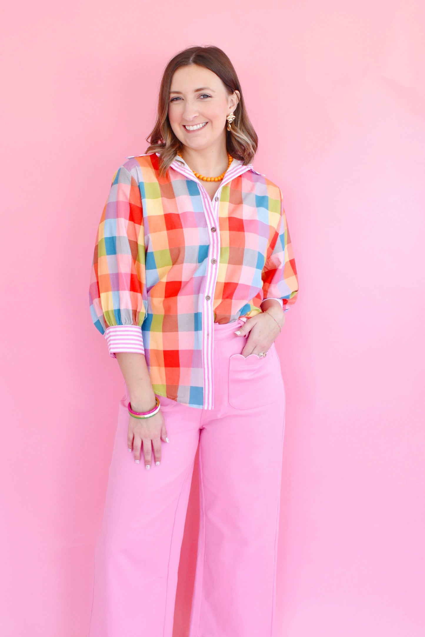 Vivid Multi Gingham Button Down Top