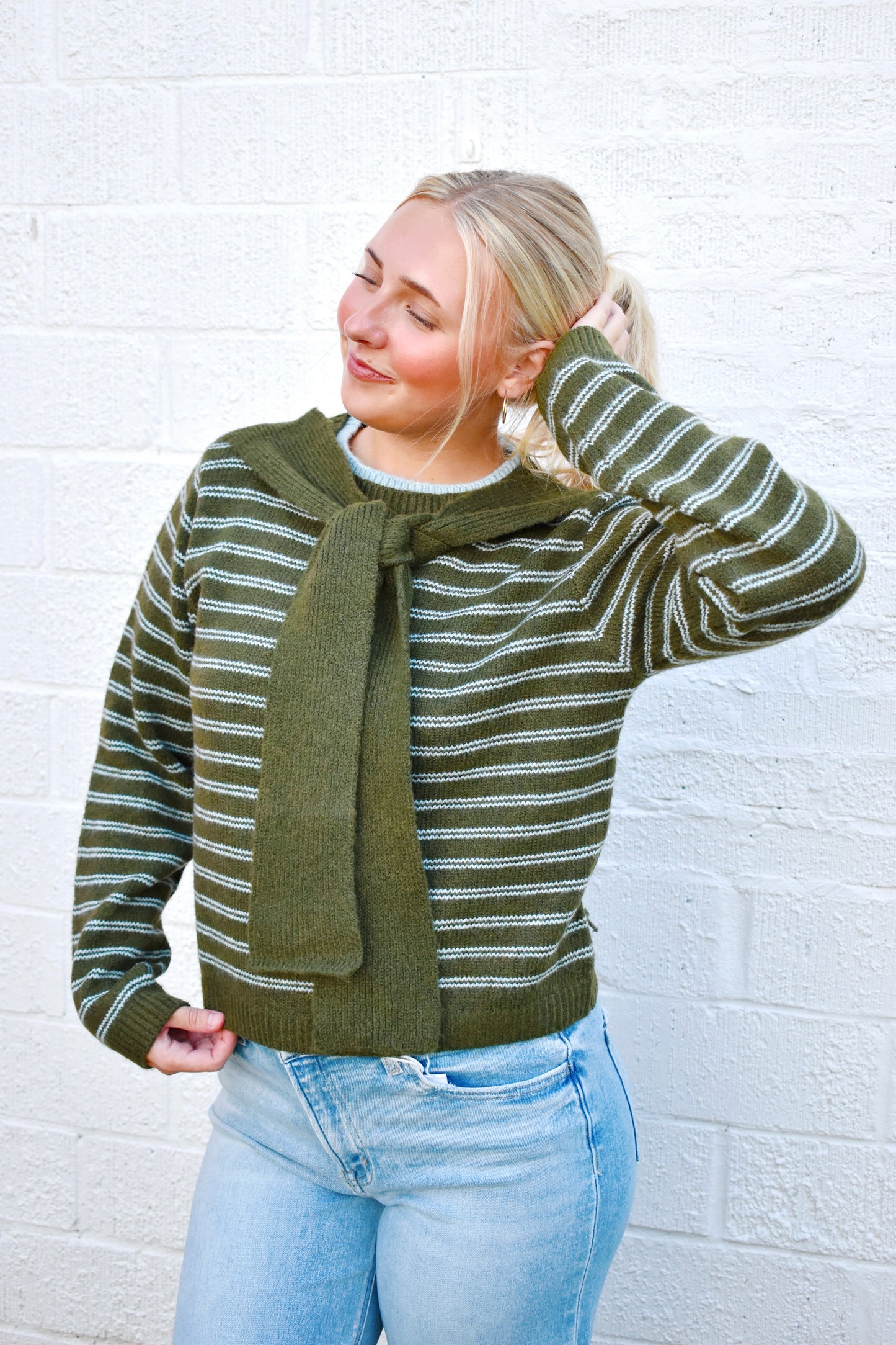 Olive & Blue Striped Layered Look Sweater