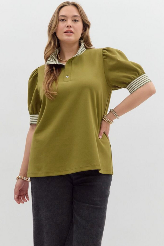 Plus Olive Striped Contrast Ruffle Neck Top
