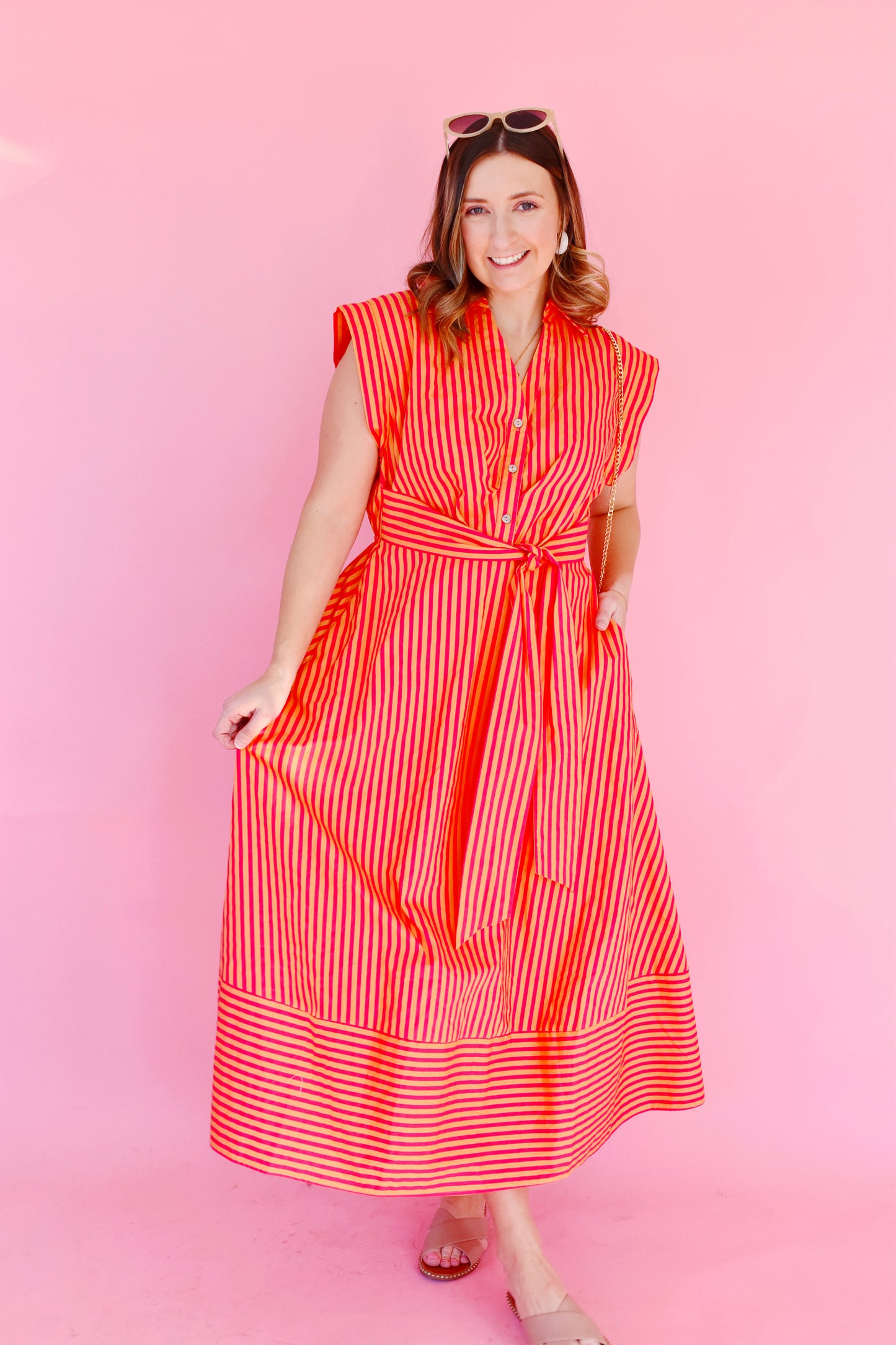 Orange & Hot Pink Striped Collared Tie Waist Dress